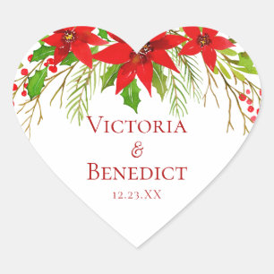 Red Poinsettia Holiday Wedding Personalisiert Herz-Aufkleber