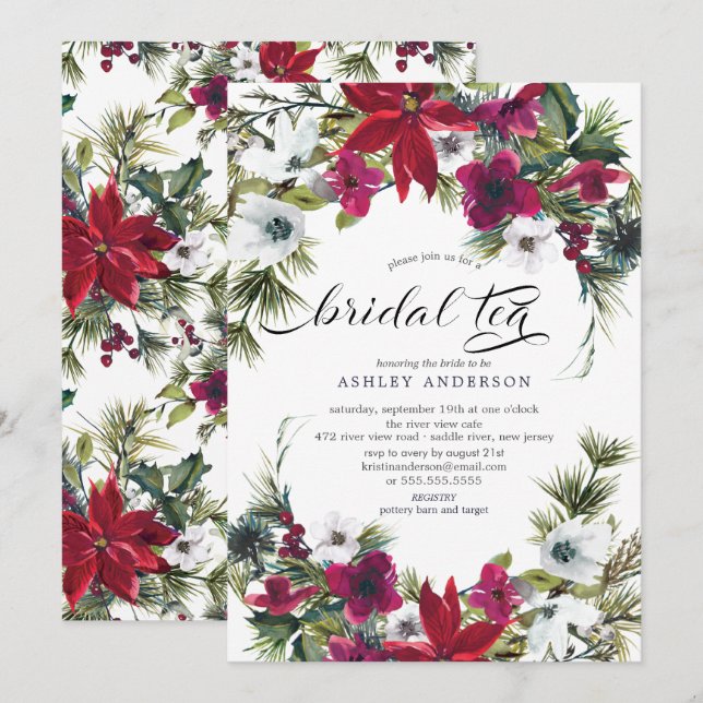 Red Poinsettia Holly Brautparty Bridal Tee Einladung (Vorne/Hinten)