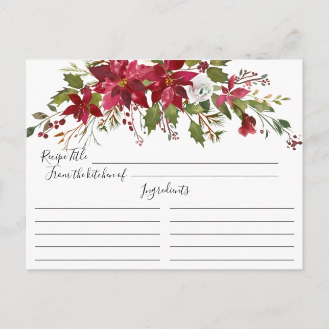 Red Poinsettia Holly Brautparty Rezept Card Postkarte (Vorderseite)