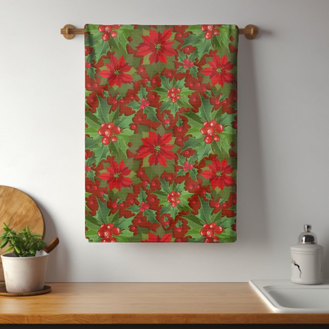 Red Poinsettia Holly Floral Pattern | Weihnachten Geschirrtuch (Von Creator hochgeladen)