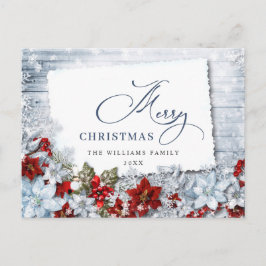 Red Poinsettia Holly Rustic Christmas Greeting Pos Postkarte