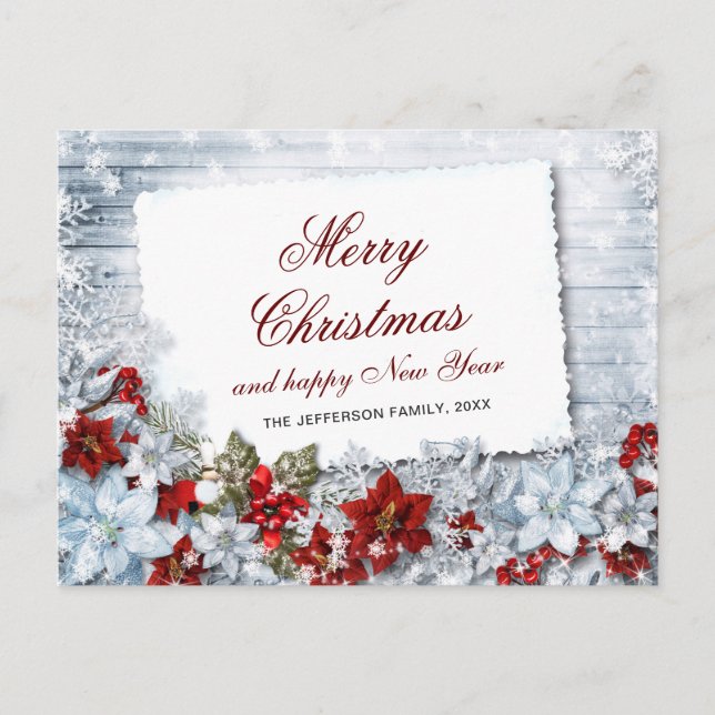 Red Poinsettia Holly Rustic Christmas Greeting Postkarte (Vorderseite)