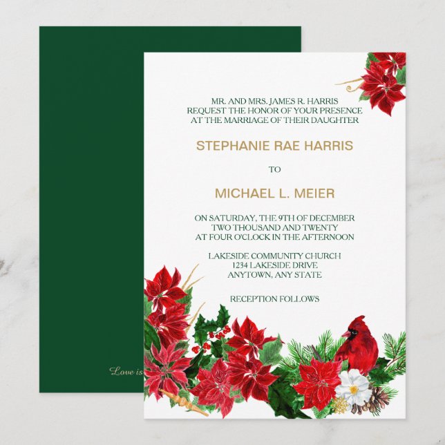 Red Poinsettia Kardinal Weihnachtsaufenthalt Einla Einladung (Vorne/Hinten)