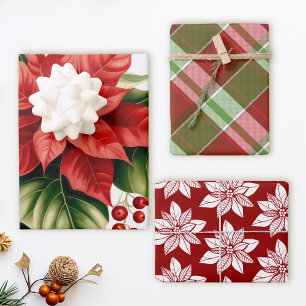 Red Poinsettia Karierter Weihnachtsferien Geschenkpapier Set