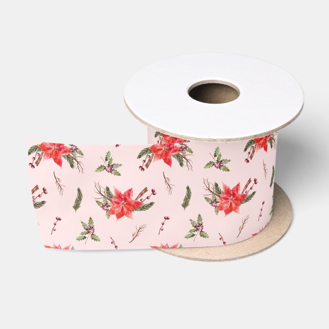 Red Poinsettia Pattern Weihnachten Satinband (Spule)