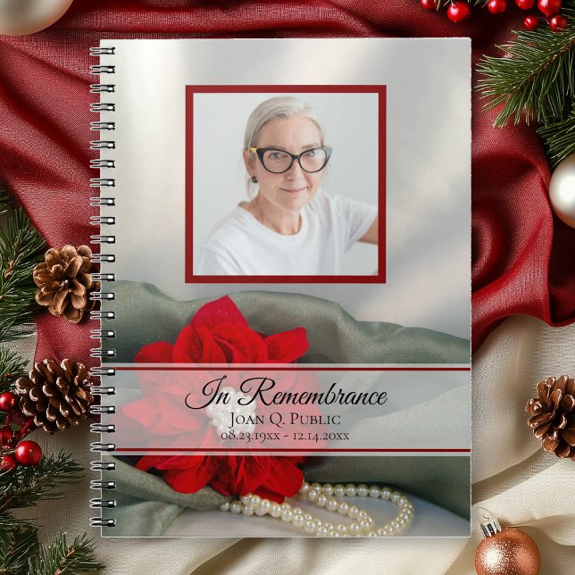 Red Poinsettia Pearls Funeral Memorial Guest Book Notizblock (Von Creator hochgeladen)
