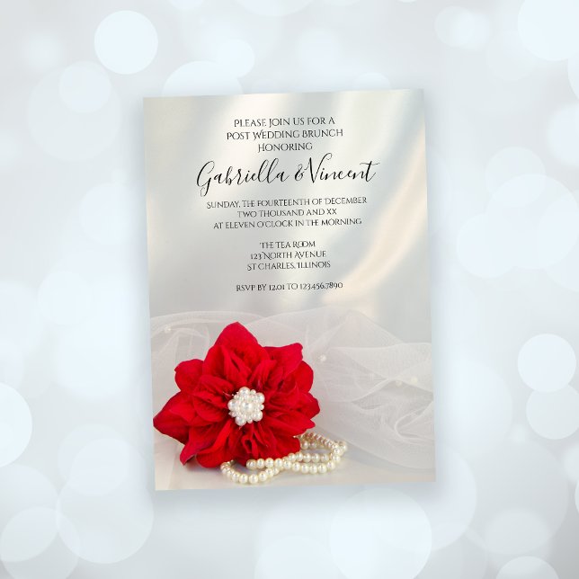 Red Poinsettia Pearls Winter Post Hochzeitsfeier Einladung (Set an elegant tone for your December event with the Poinsettia and Pearls Wedding Brunch Invitation)