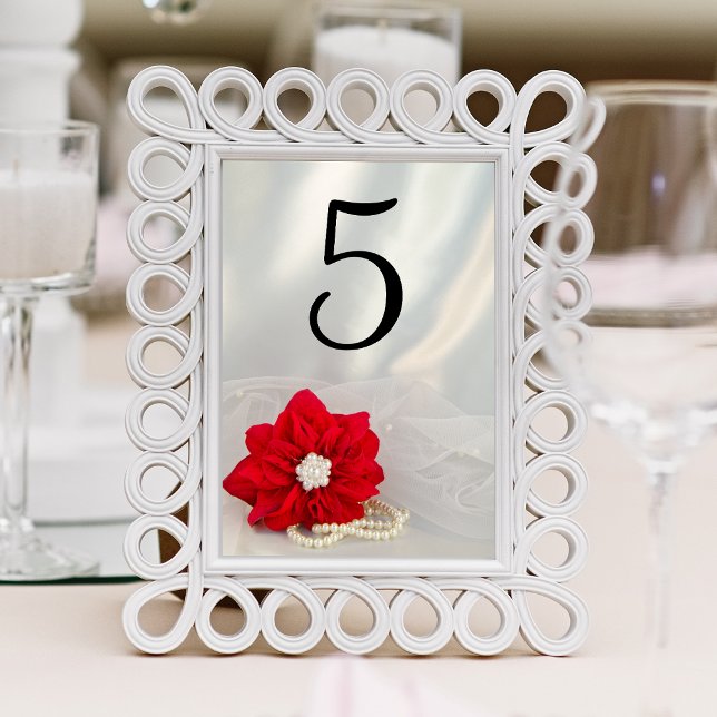 Red Poinsettia Pearls Winter Wedding Tischnummern (Set a festive table for your December event with the Poinsettia and Pearls Winter Table Numbers.)