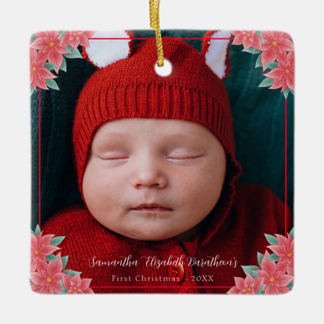 Red Poinsettia Personalisiertes Foto Keramikornament (Vorderseite)
