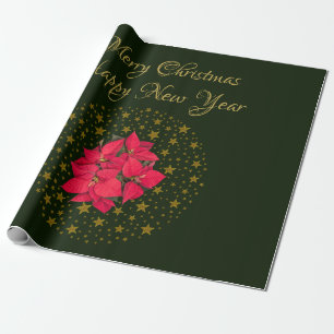 Red Poinsettia Pflanze auf Glitzer Sternenhimmel Geschenkpapier