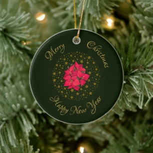 Red Poinsettia Pflanze auf Glitzer Sternenhimmel Keramik Ornament