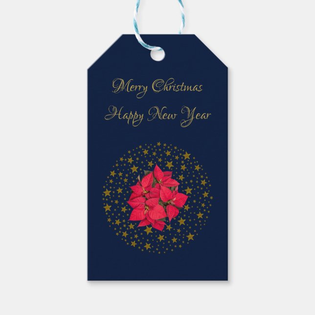 Red Poinsettia Pflanze über glitzernde Sternenblau Geschenkanhänger (Vorderseite)