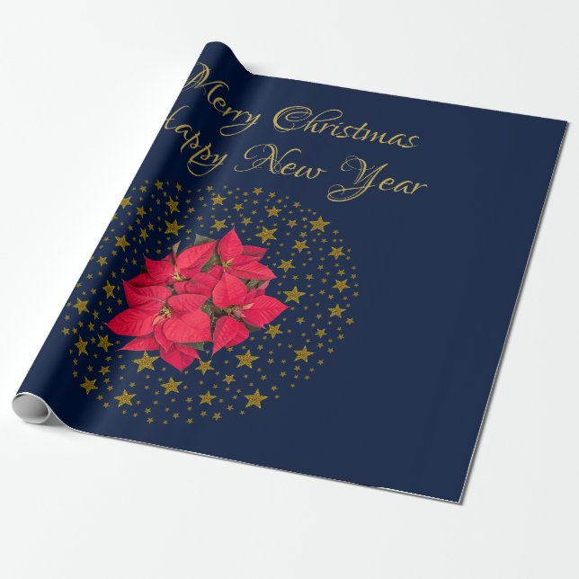 Red Poinsettia Pflanze über glitzernde Sternenblau Geschenkpapier (Ungerollt)