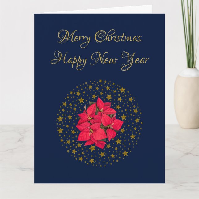 Red Poinsettia Pflanze über glitzernde Sternenblau Karte (Vorderseite)
