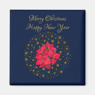 Red Poinsettia Pflanze über glitzernde Sternenblau Magnet