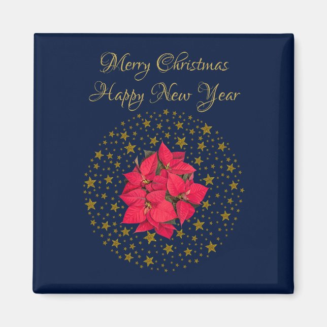 Red Poinsettia Pflanze über glitzernde Sternenblau Magnet (Vorne)