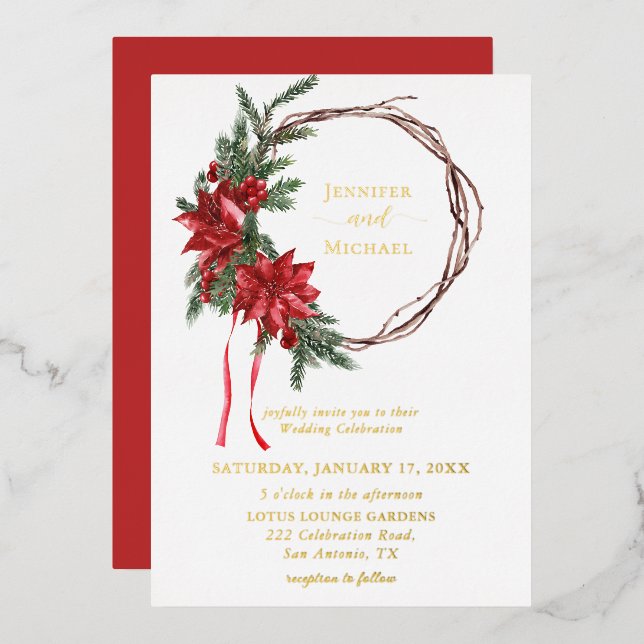 Red Poinsettia Pine Greenerity Wreath Wedding Folieneinladung (Vorderseite/Rückseite)