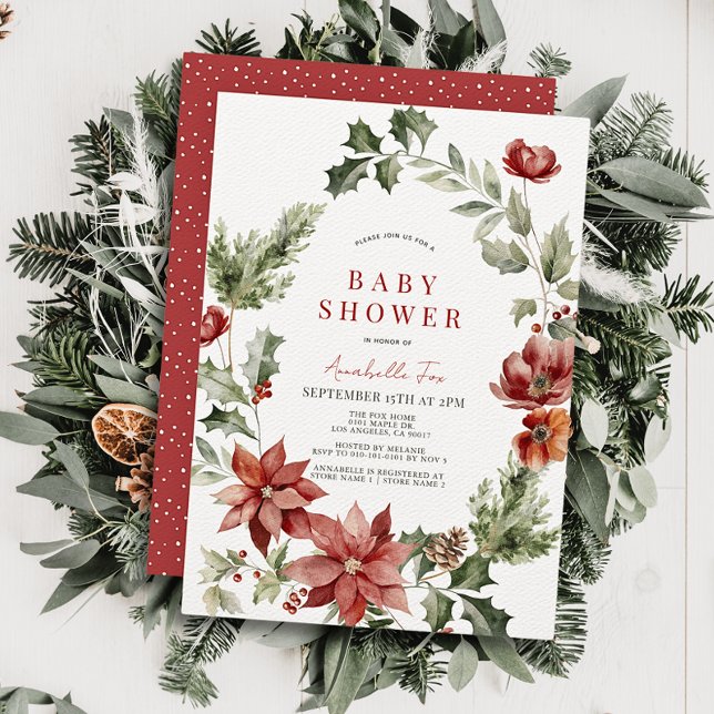 Red Poinsettia Poppy Holiday Floral Baby Dusche Einladung (Von Creator hochgeladen)