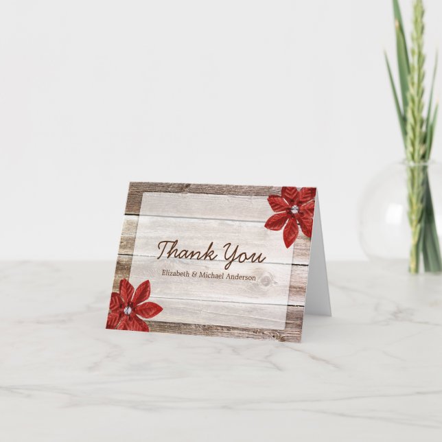 Red Poinsettia Rustic Barn Wood Vielen Dank Dankeskarte (Vorderseite)