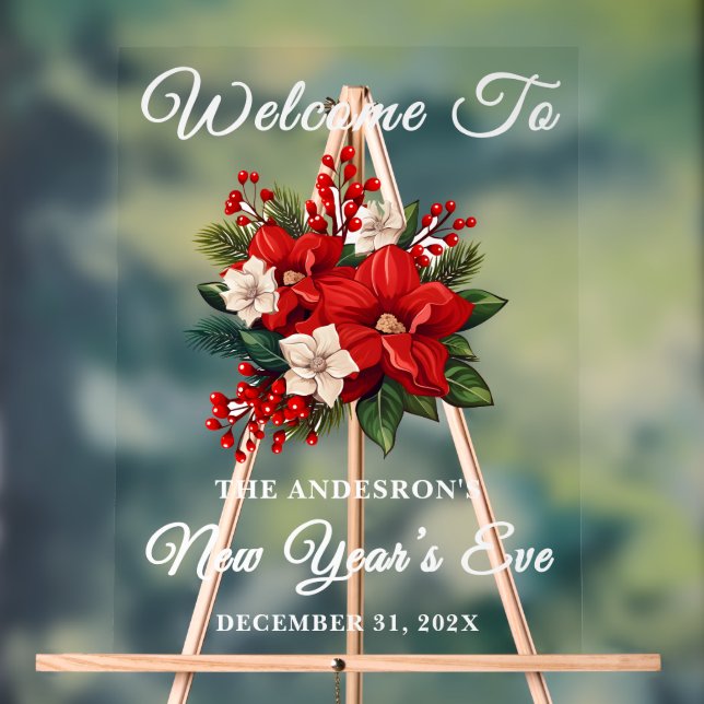 Red Poinsettia Silvester Party Willkommen Acrylschild (Neutral)