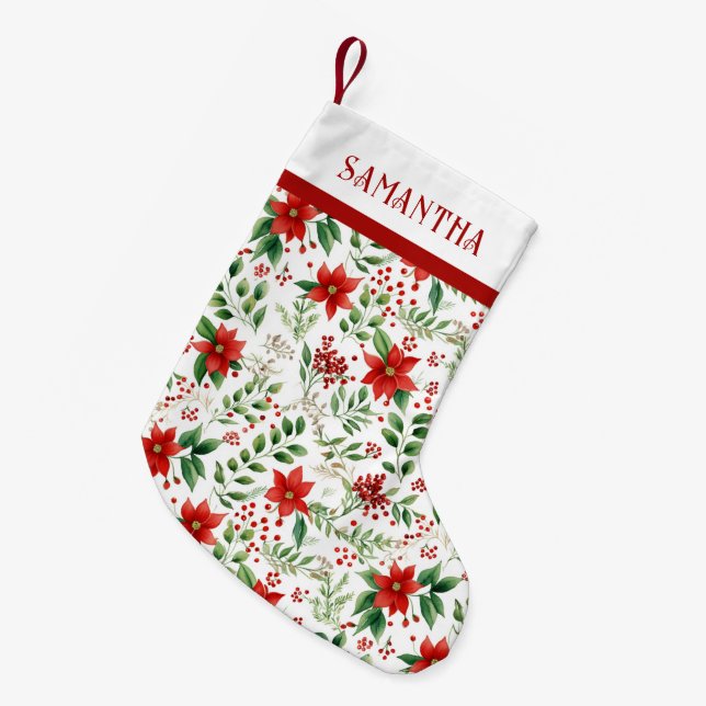 Red Poinsettia Tropical Christmas Pattern Kleiner Weihnachtsstrumpf (Vorderansicht (hängend))