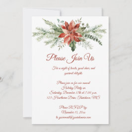 Red Poinsettia und Evergreens Weihnachts-Party Einladung