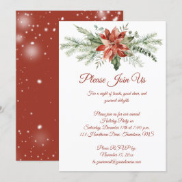 Red Poinsettia und Evergreens Weihnachts-Party Einladung