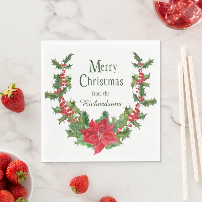 Red Poinsettia und Holly Berry Weihnachtskranz Serviette (Beispiel)