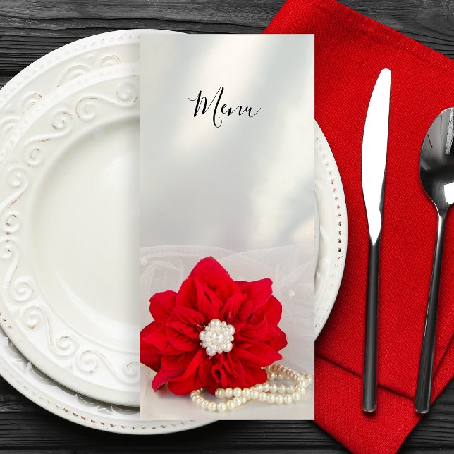 Red Poinsettia und Pearls Winter Wedding Menu Menükarte (Set a festive table for your December event with the elegant Poinsettia and Pearls Winter Menu.)