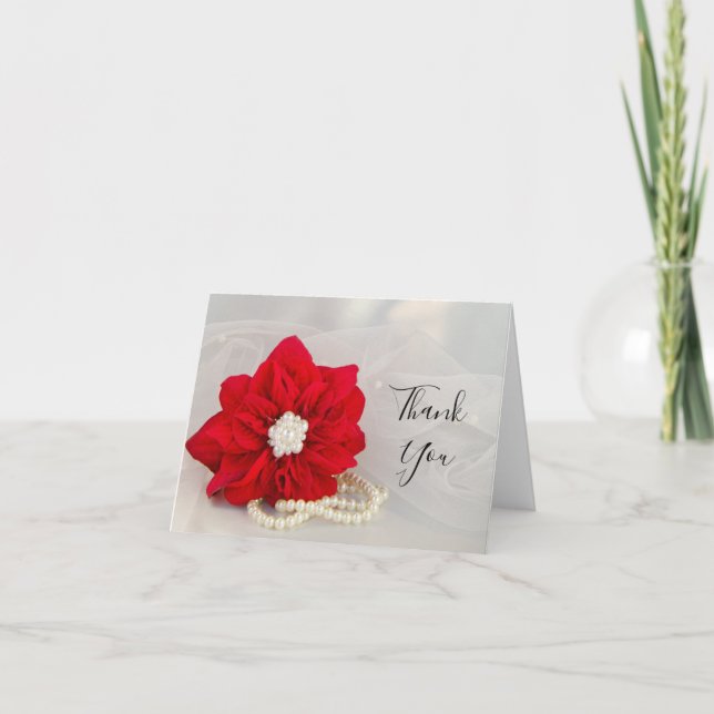 Red Poinsettia und Pearls Winter Wedding Vielen Da Dankeskarte (Vorderseite)
