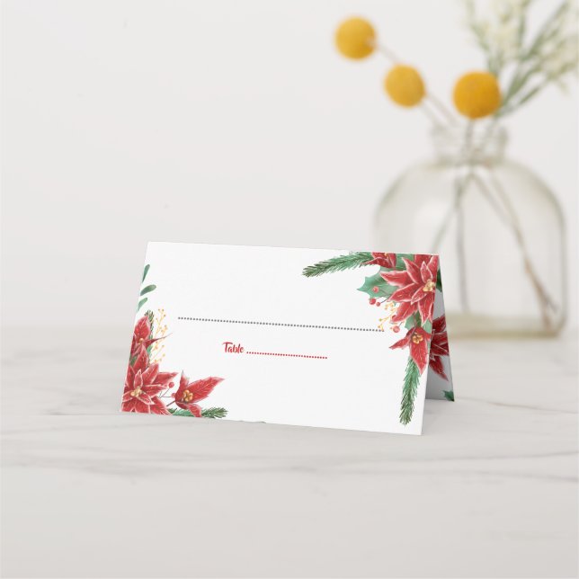 Red Poinsettia Weihnachten | Hochzeitsstiftung Platzkarte (Vorderseite)