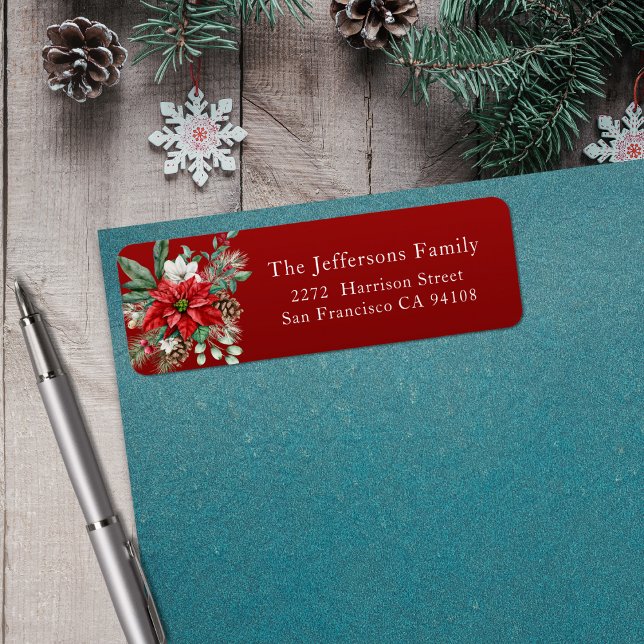 Red Poinsettia Weihnachtsadresse (Red Poinsettia Christmas Address Label)