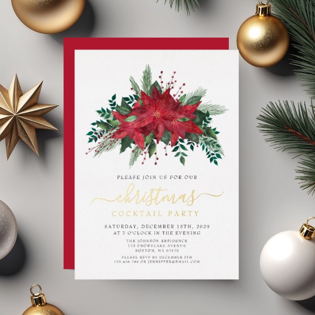 Red Poinsettia Weihnachtscocktail Party Folieneinladung (Festive Red Poinsettia Christmas Cocktail Party Foil Invitation)