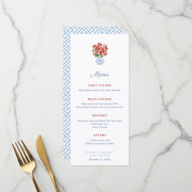 Red Poinsettia Weihnachtsdusche Party Menükarte (Vorderseite/Rückseite Beispiel)