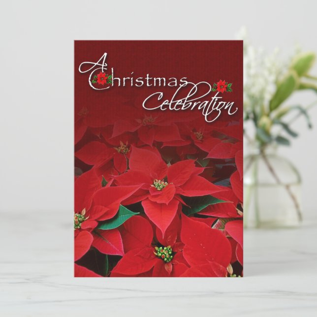 Red Poinsettia Weihnachtsfeier Einladung (Stehend Vorderseite)
