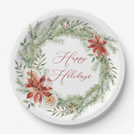 Red Poinsettia Weihnachtsgrün Wreath Pappteller
