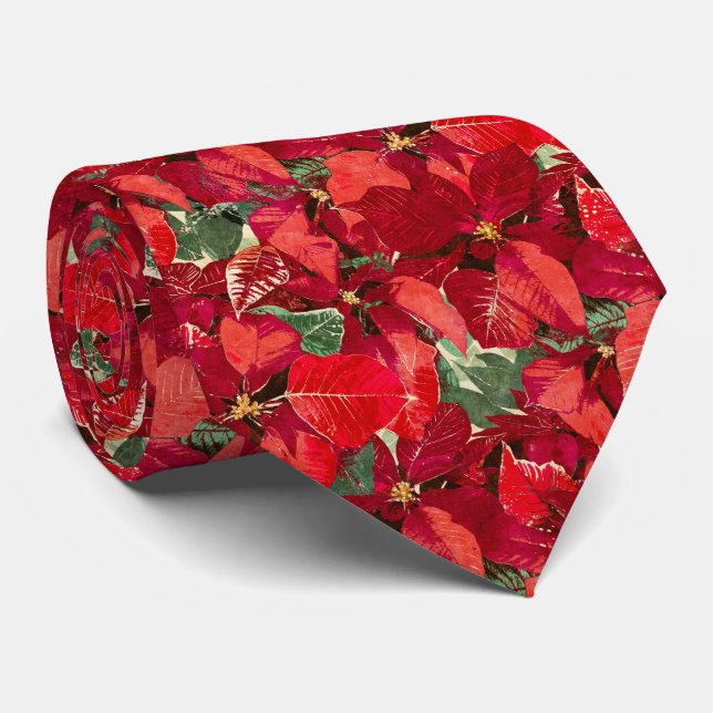 Red Poinsettia Weihnachtsmuster Krawatte (Gerollt)