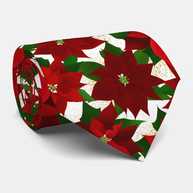 Red Poinsettia White Christmas Krawatte (Gerollt)
