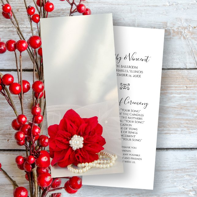 Red Poinsettia White Pearls Winter Wedding Program Programm (Von Creator hochgeladen)