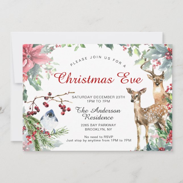 Red Poinsettia Wreath Deer & Bird Christmas Eve Einladung (Vorderseite)