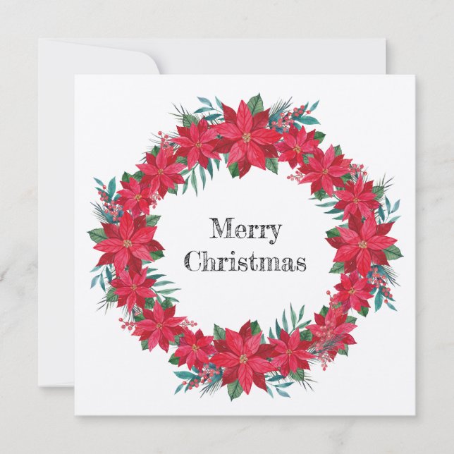 Red Poinsettia Wreath Feiertagskarte (Vorderseite)