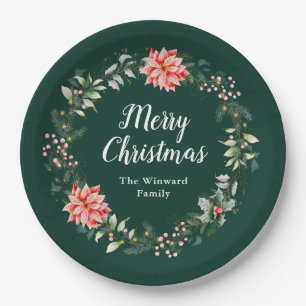 Red Poinsettia Wreath Frohe Weihnachten Pappteller
