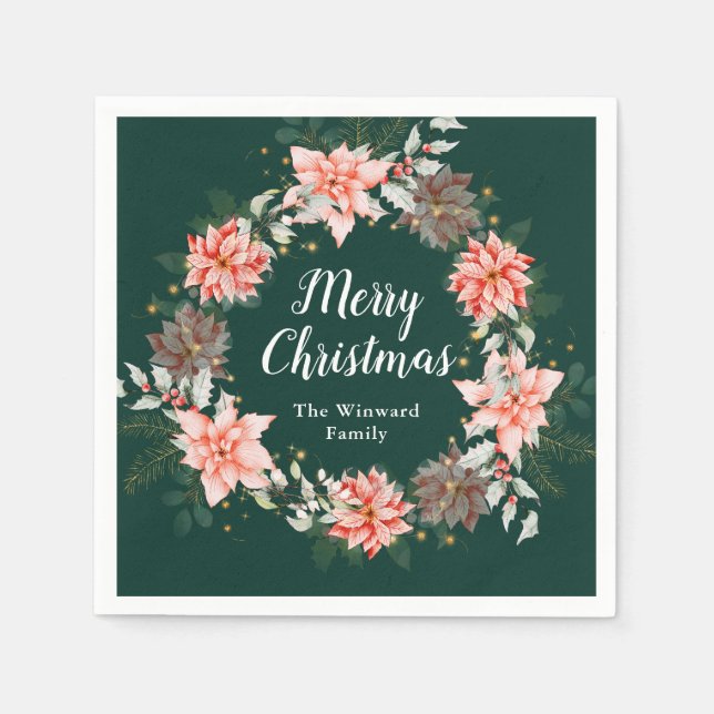 Red Poinsettia Wreath Frohe Weihnachten Serviette (Vorderseite)
