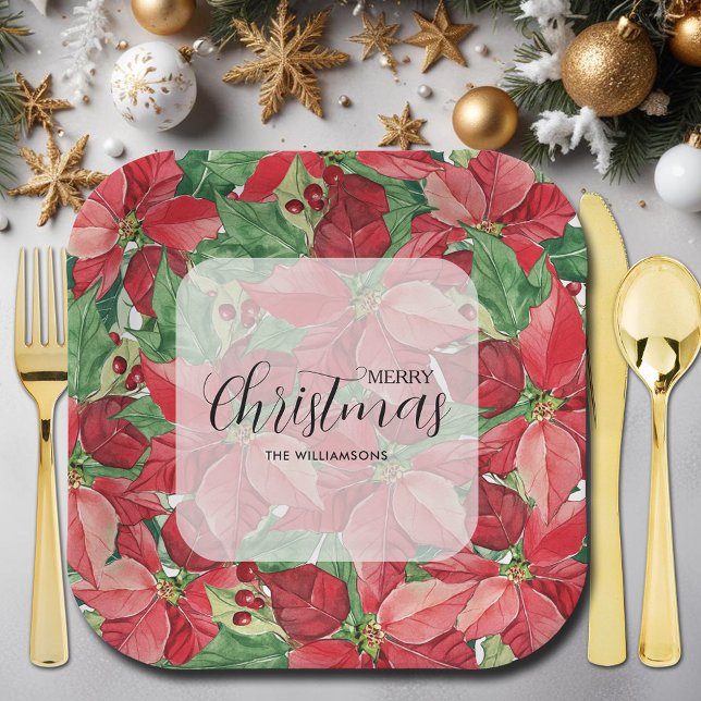 Red Poinsettias Christmas Pappteller (Red Poinsettias Christmas Square Paper Plates)