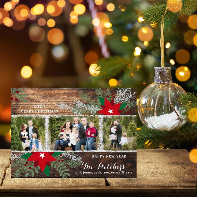 Red Poinsettias Dark Wood Frohe Weihnachtskarte Einladung (Von Creator hochgeladen)