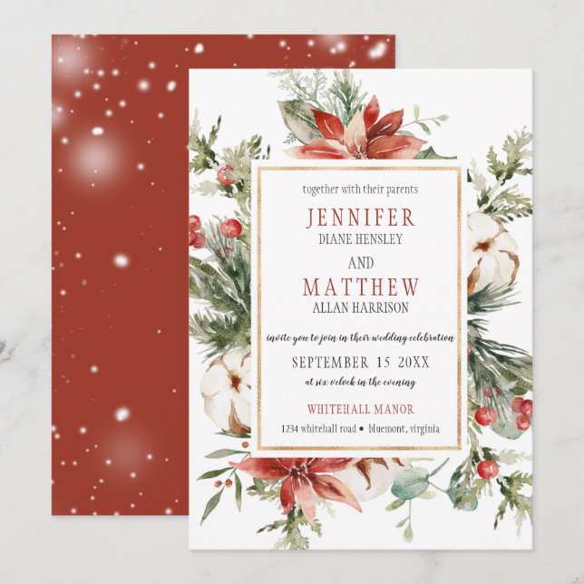 Red Poinsettias Evergreen Branches Gold Wedding | Einladung (Vorne/Hinten)