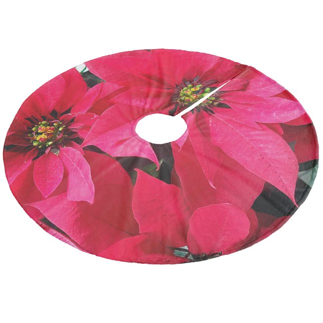 Red Poinsettias Fleece Weihnachtsbaumdecke (Schrägansicht)