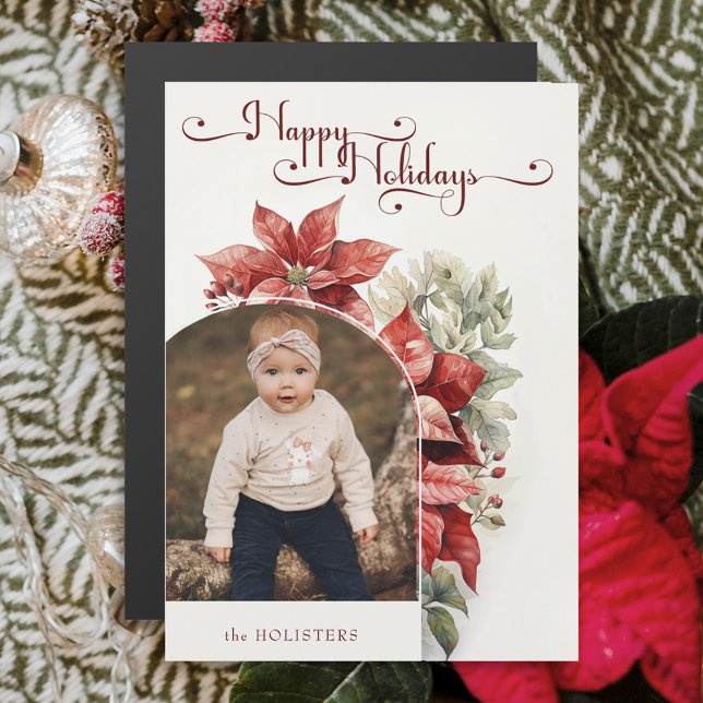 Red Poinsettias Happy Holidays Script Arch Foto Magnetkarte (Von Creator hochgeladen)