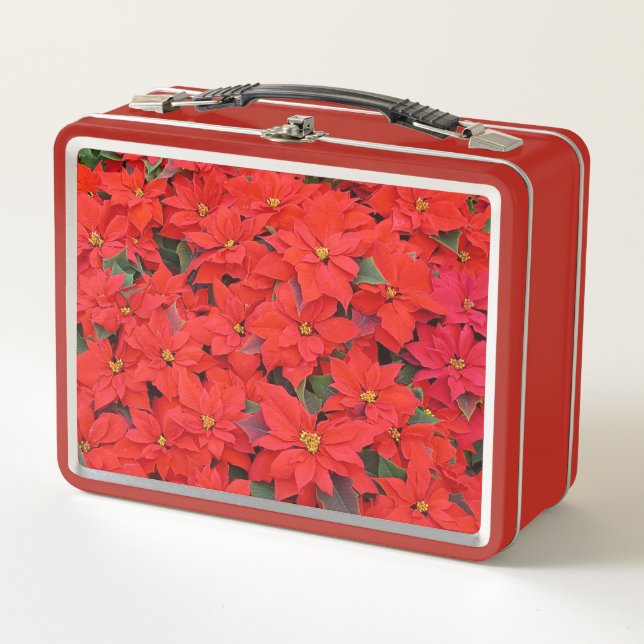 Red Poinsettias I Christmas Holiday Floral Foto Metall Brotdose (Vorderseite)