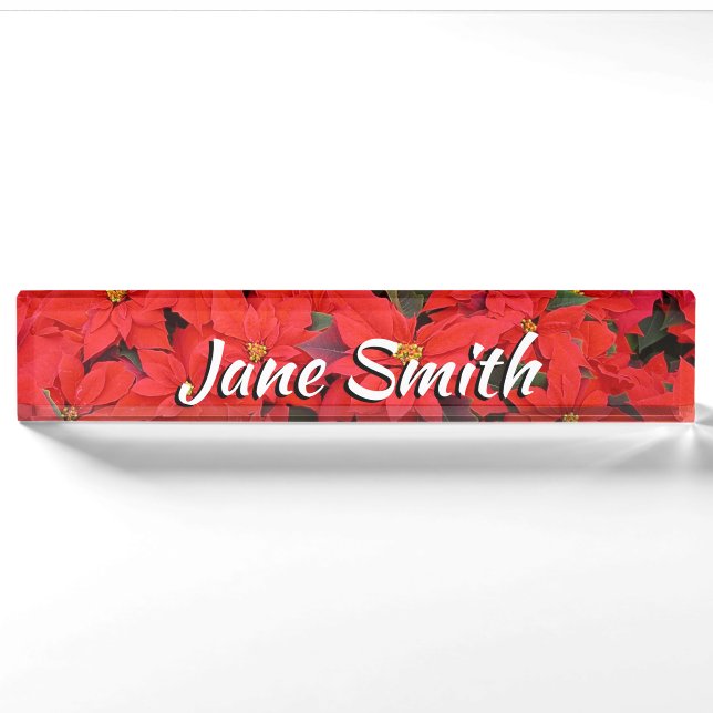 Red Poinsettias I Christmas Holiday Floral Foto Namensplakette (Vorderseite)